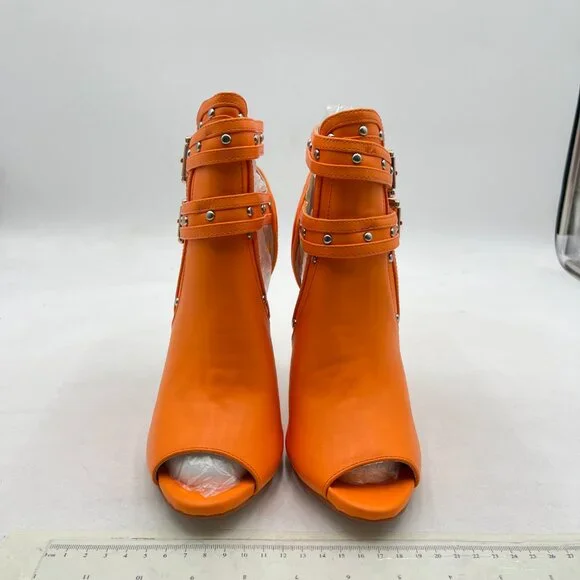 XYD Dark Orange Studs Peep Toe Ankle Bootie High Heel Buckled Double Strap Shoes - Picture 3 of 8